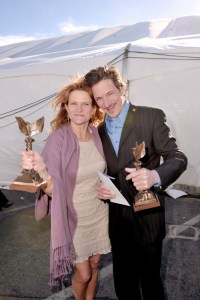 After the Independent Spirit Awards, Dale Dickey and her costar John Hawkes show off their awards for best supporting actor and actress for "Winter's Bone."