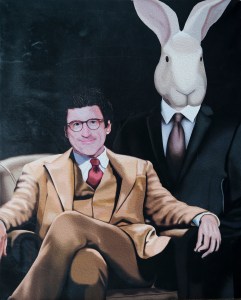 Tom Parkhill as Elwood P. Dowd with Harvey, his 6-foot, 3-inch tall invisible best friend.