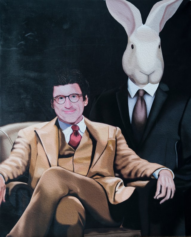 Tom Parkhill as Elwood P. Dowd with Harvey, his 6-foot, 3-inch tall invisible best friend.