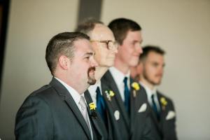 The groom Justin; his best man Daddy; and the groomsmen Carter, Mark, and Corey wait for the bride.